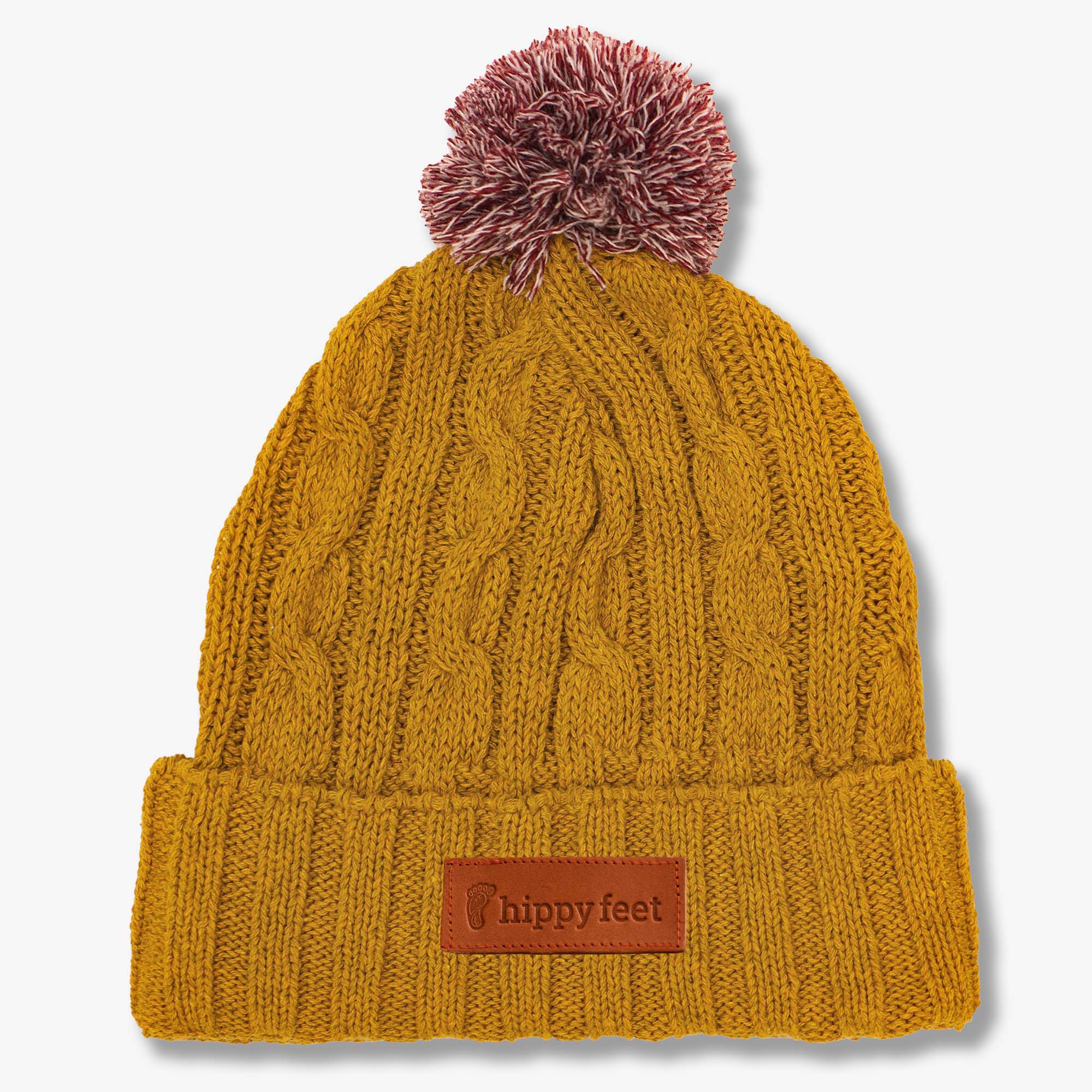 Image of Cable Knit Pom Beanie - Mustard
