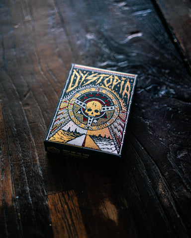Dystopia playing cards on a wooden surface table