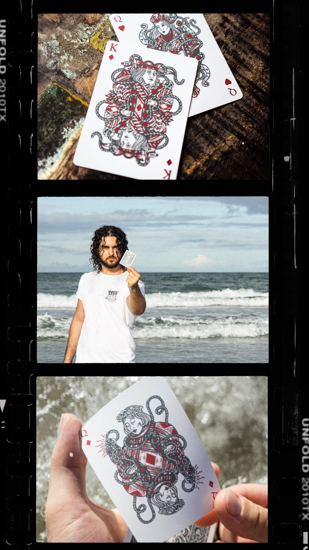 gallery of images displaying photoshoot of seafarers prototype playing cards at the beach