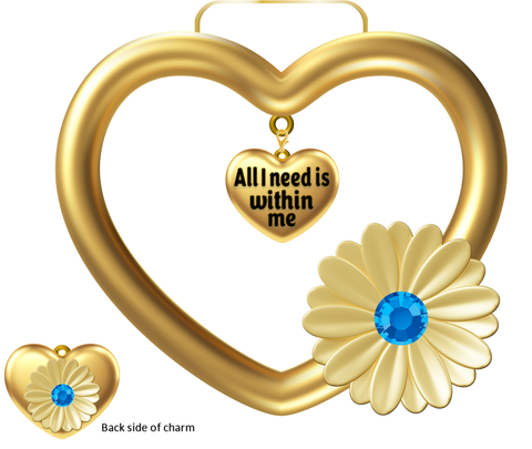 gold heart medal with gold flower and blue rhinestone. Gold heart charm hangs in middle with the inscription "All I need is within me"