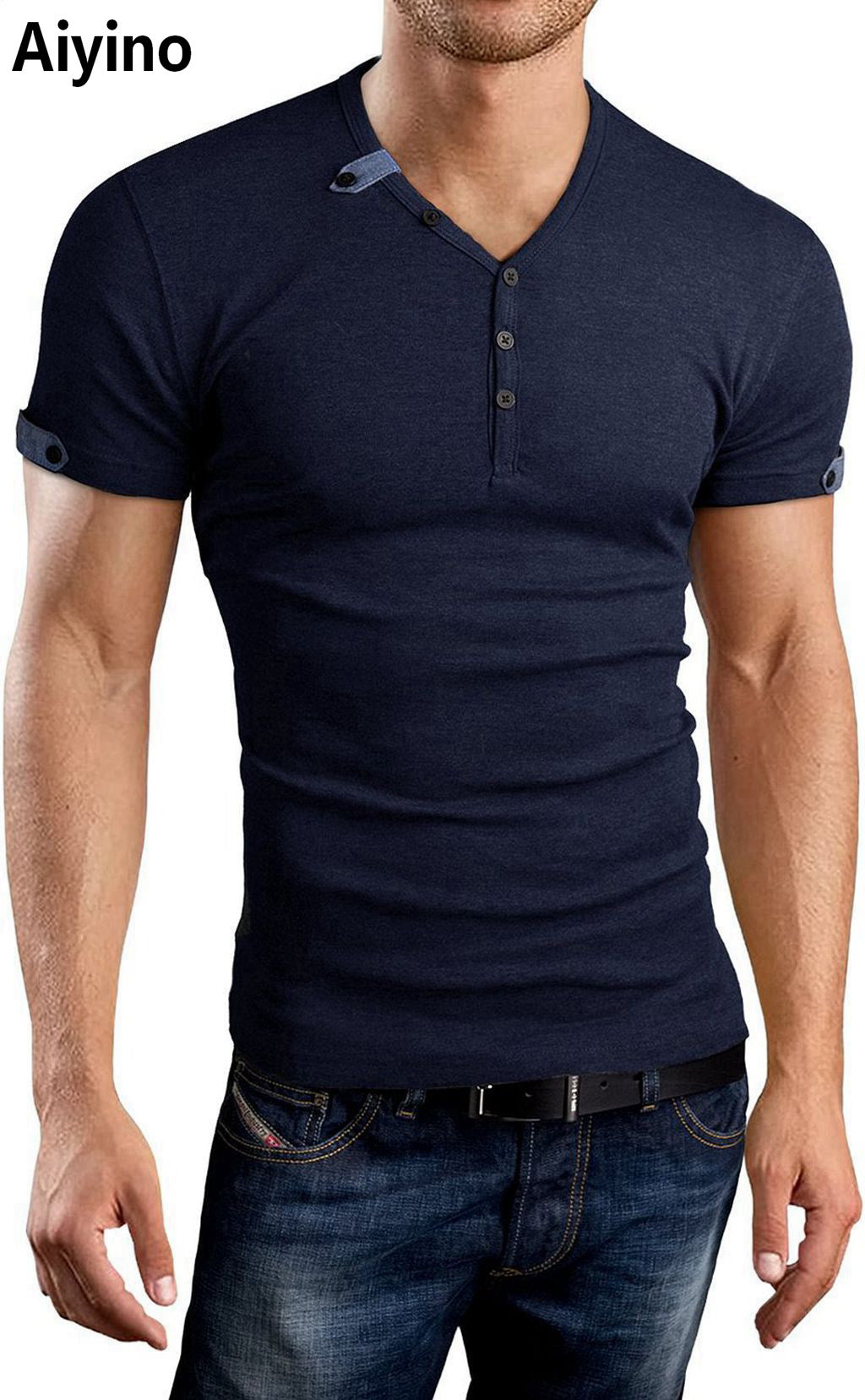 Aiyino Men's Casual V-Neck Button Cuffs Cardigan Short Sleeve T-Shirts ...