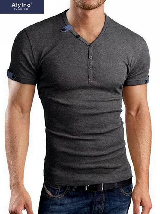 Ayolanni Summer Tops Fashion Man V-Neck Short Sleeve Tops T-Shirt Summer  Solid Button Blouse 