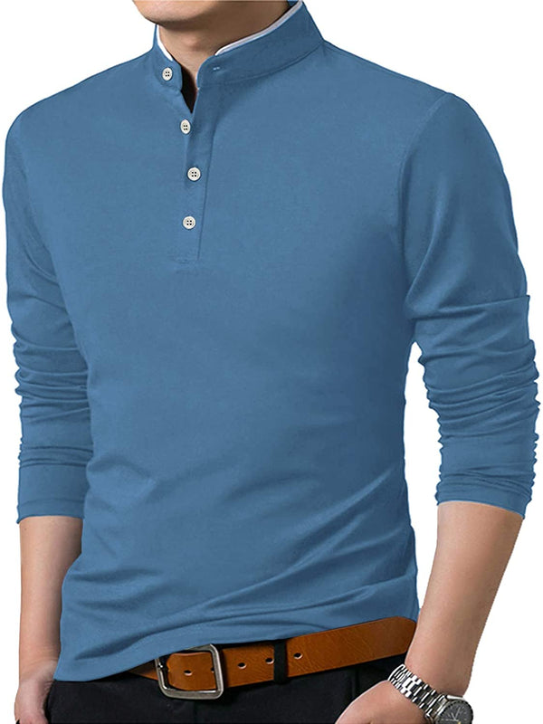 KUYIGO Men’s Casual Slim Fit Shirts Pure Color Long Sleeve Polo Fashio ...