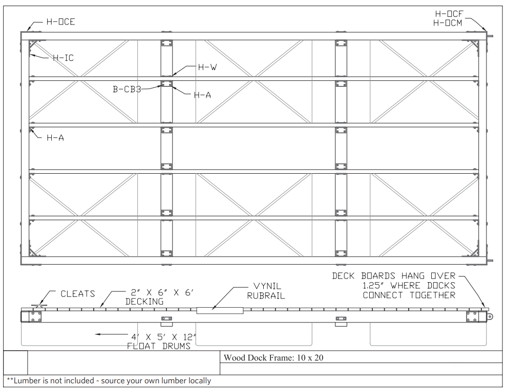 Building Plans for a 10 foot by 20 foot floating wooden dock platform.