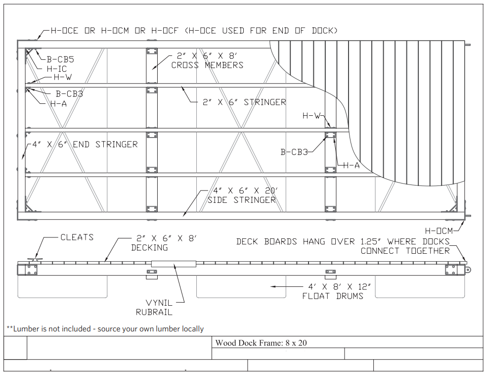 Building plans for a 8 foot by 20 foot floating wooden dock walkway.