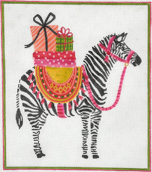LB-P-01 Party Animal Zebra with Gifts & Pink Harness - BeStitched Needlepoint