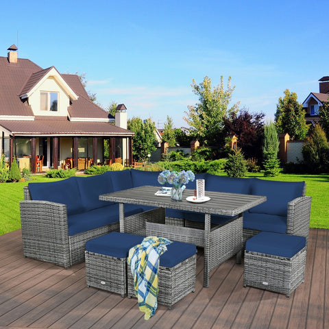 7pc Wicker Rattan Sectional Dining Set with Ottomans - Navy