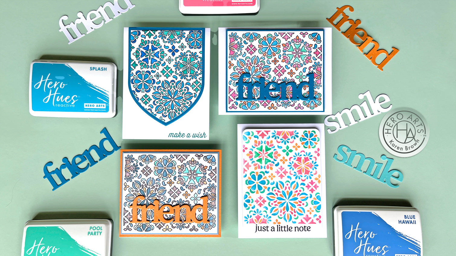 Hero Arts Mandala Flower Pattern Cards  stamped and stenciled 4 ways.