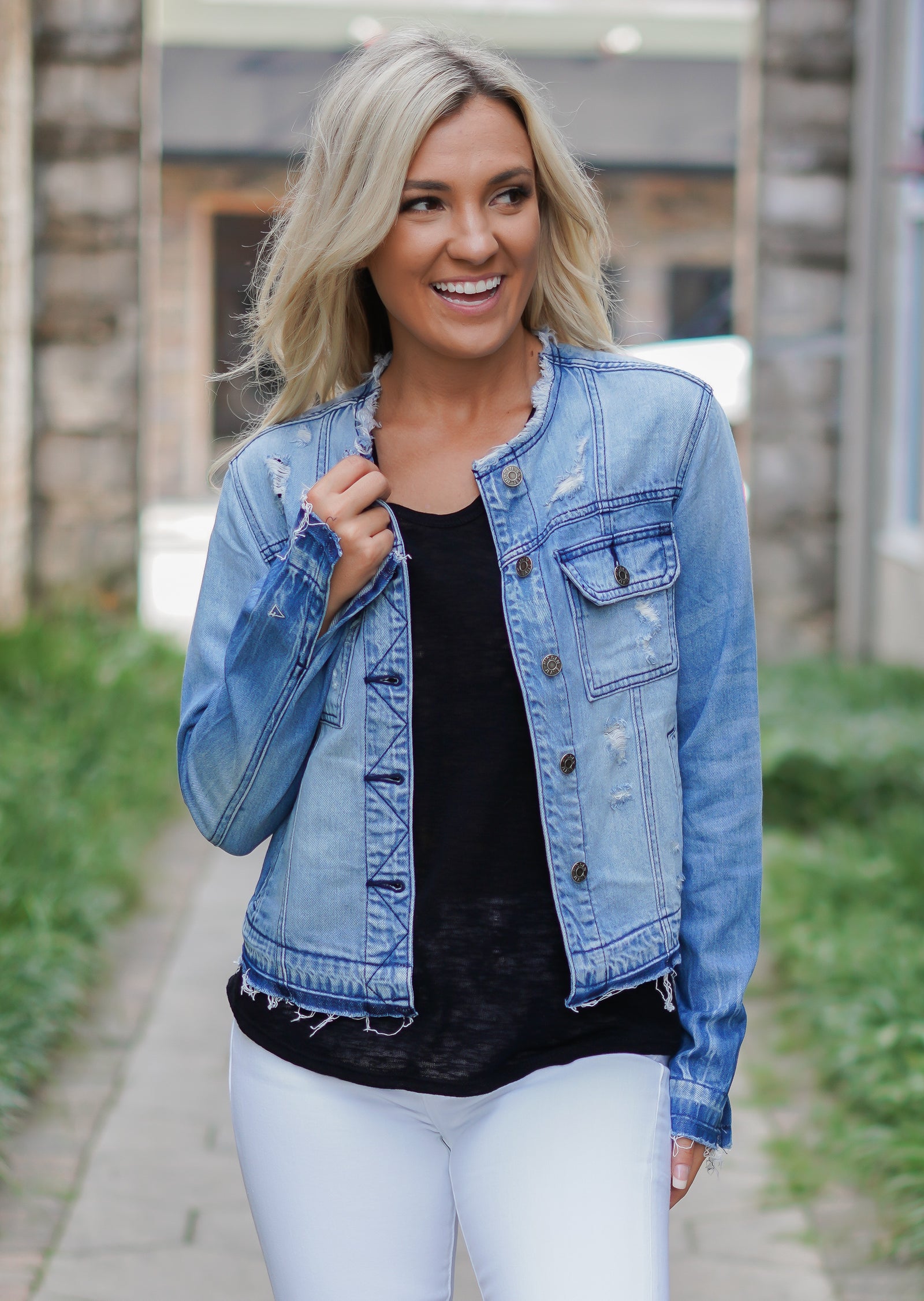 collarless denim vest