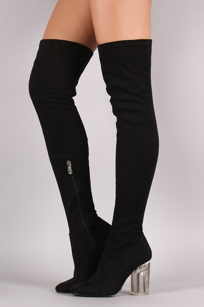 black thigh high boots with clear heel 
