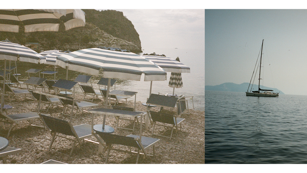 film images of beach classic striped beach umbrellas and chairs on the left and an image of a sailboat on the right