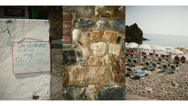 image on right of sign on a white wall, middle image of a stone wall, image on the left of beach chairs and umbrellas