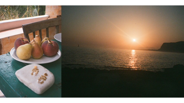 image on left of fruit in a bowl with jewellery laid on top, image to the right of the sunset over the ocean