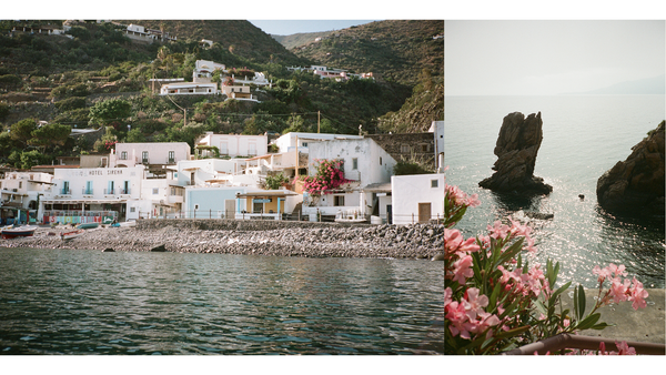image on left of small town on the shoreline with mountains in background, image on right of alicudian islands in the ocean with pink flowers in the bottom corner