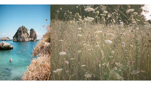 image on left of bright blue clear water and alicudian islands in the ocean, image to the right of a field with long grass