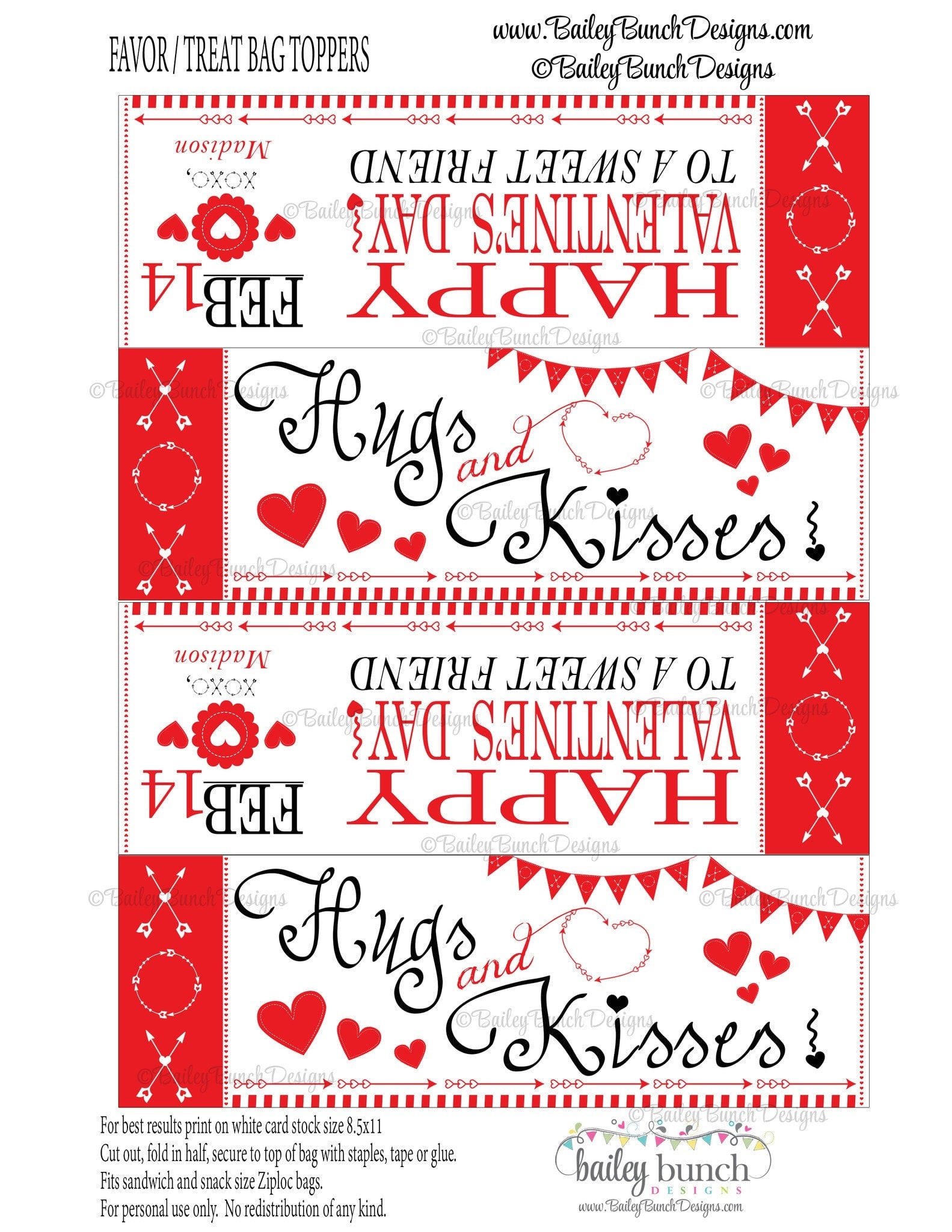 Hugs & Kisses Bag Toppers, Valentines VDAYKISS0520 - Bailey Bunch Designs