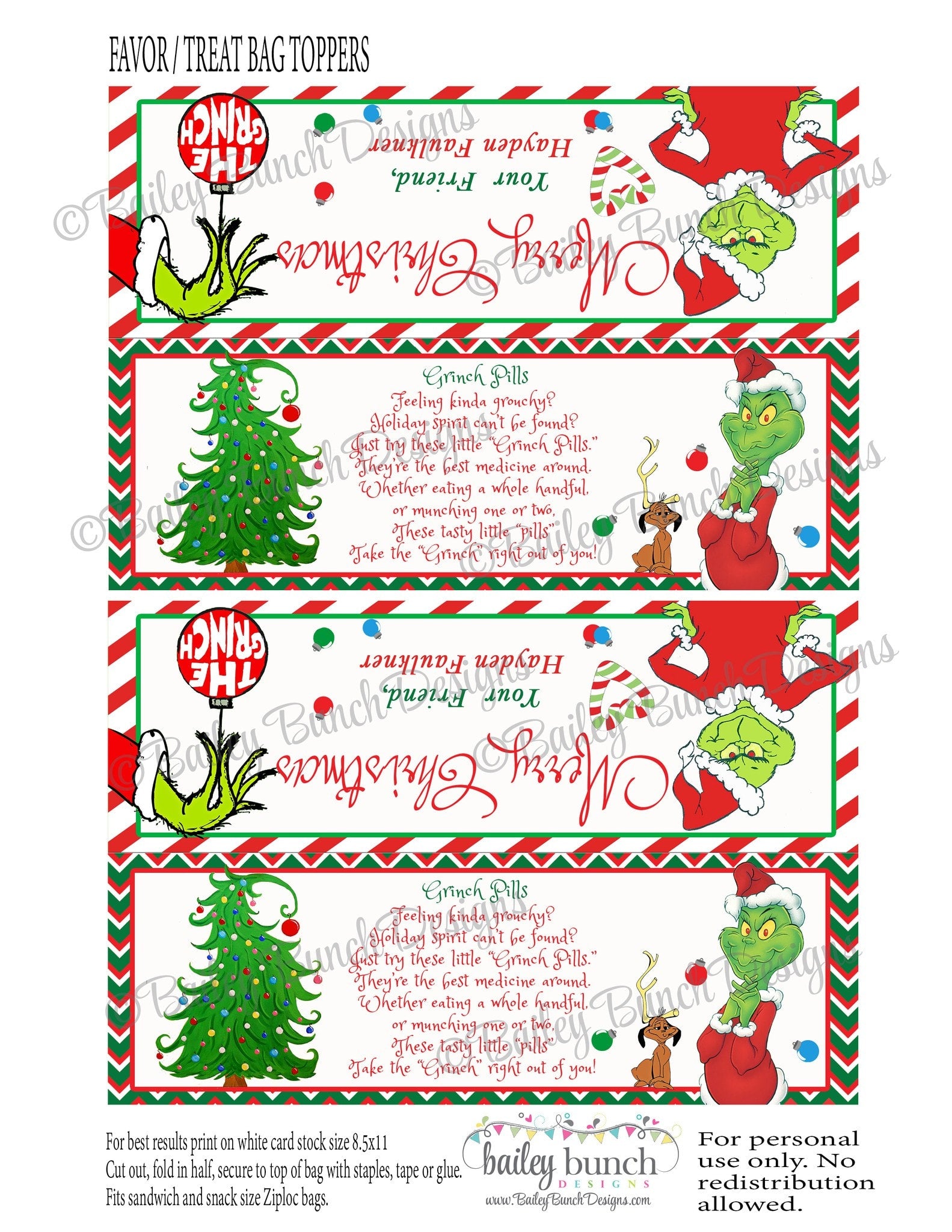 Grinch Pills Treat Bags, Christmas Toppers GRINCH0520 - Bailey Bunch Designs