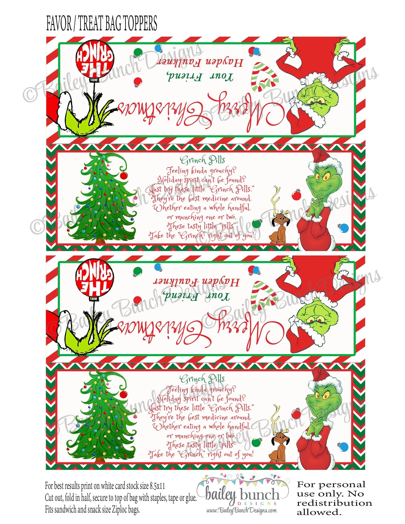 Grinch Pills Treat Bags Christmas Toppers IDGRINCH0520 Bailey Bunch Designs