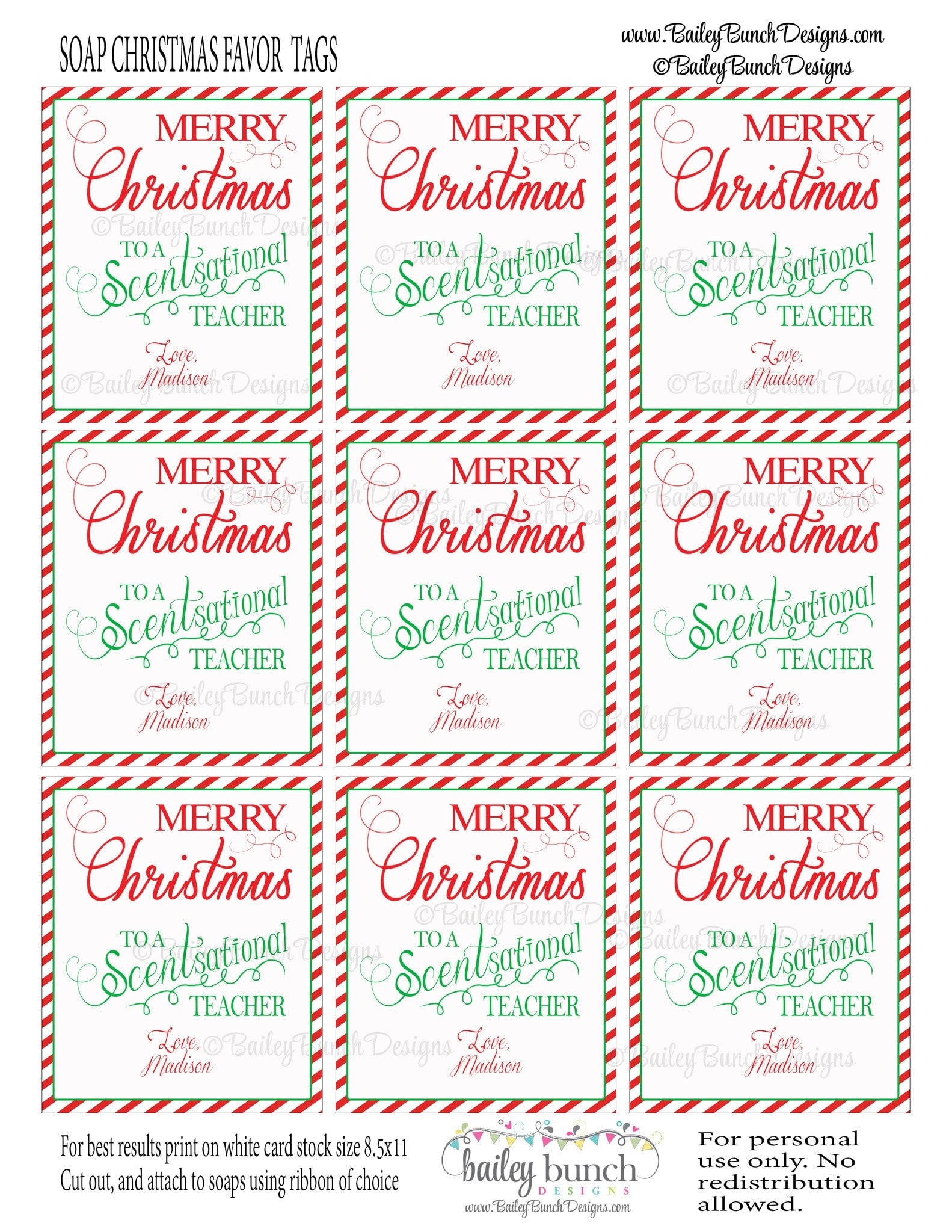 Soap Gift Labels Teacher Christmas Gift SOAP0520 Bailey Bunch Designs