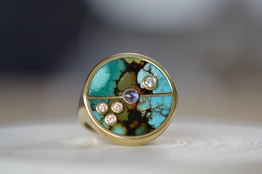 Color Blossom Signet Ring, Yellow Gold, White Gold, Onyx And