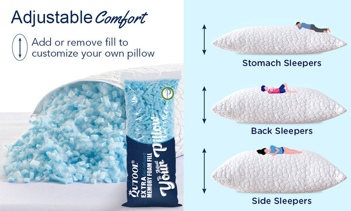 shredded memory pillow with adjustable design great for side sleepers, back sleepers and stomach sleepers.jpg__PID:4853aedd-09ac-46b1-b896-7e85d4c4571c