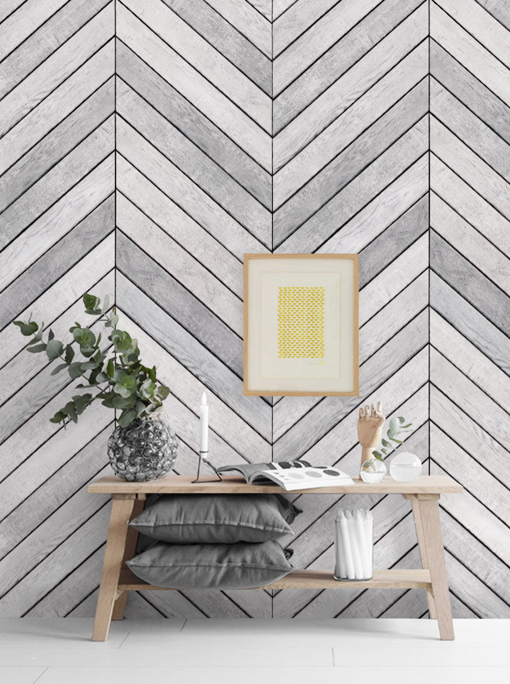 Chevron Grey White Wood Accent Mural Wall Art Wallpaper - Peel and Stick