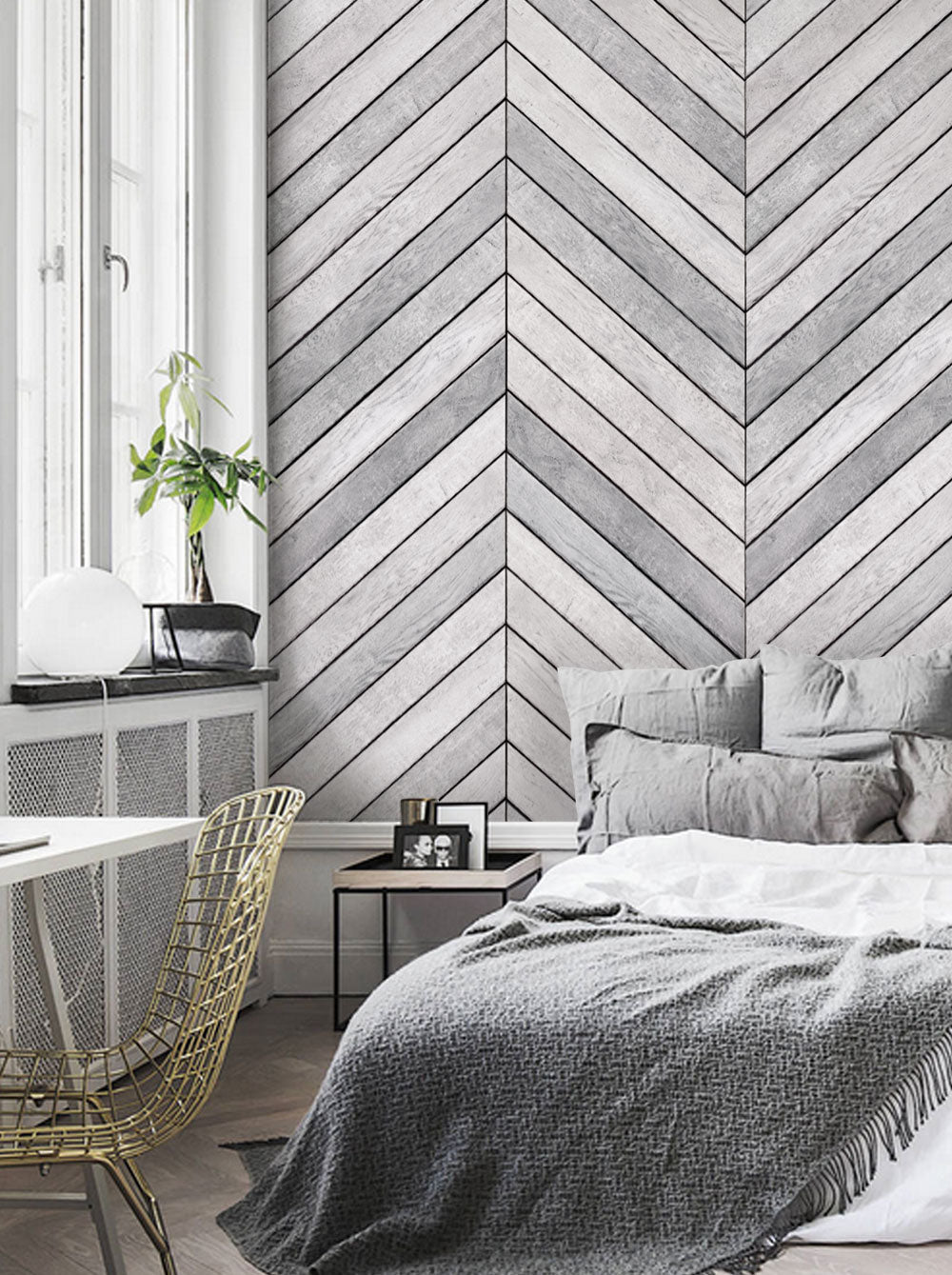 Chevron Grey White Wood Accent Mural Wall Art Wallpaper 