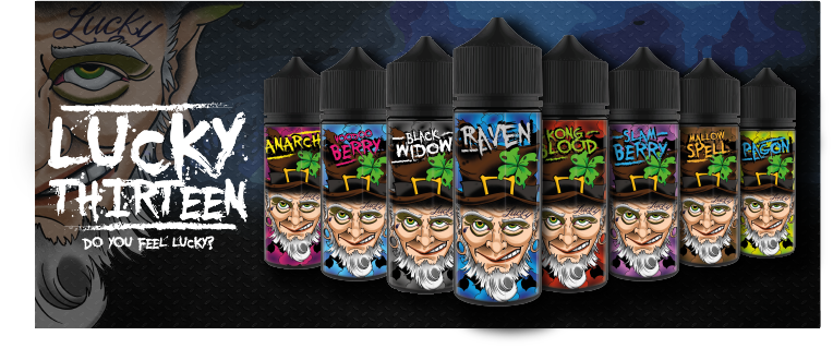 The full bottle range of Lucky Thirteen 120ml E-juices