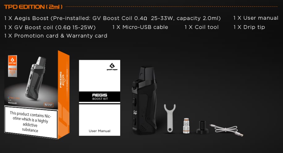 Aegis Boost Pod Kit box contents with pictures