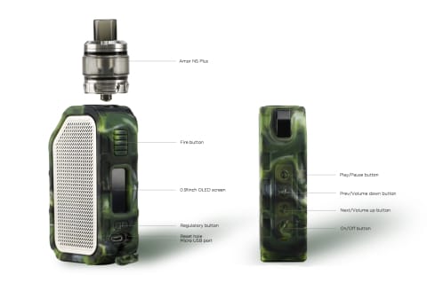 wismec active kit with button labels for device and speaker