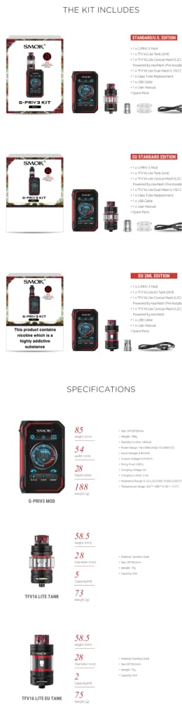 Smok G-Priv 3 Kit box contents and specifications