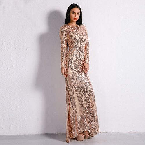 gold sequin maxi dress long sleeve