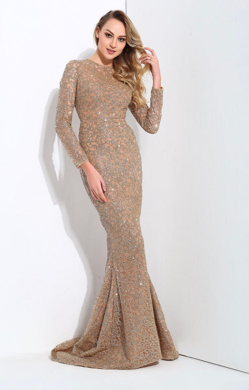 long sleeve embellished gown