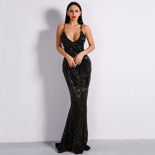 black sequin fishtail maxi dress