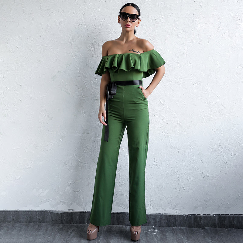 green off the shoulder jumpsuit