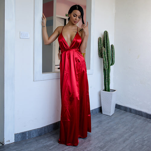 red satin split dress