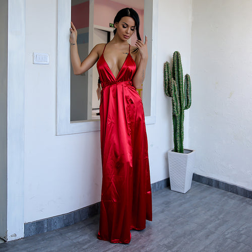 red satin dress with split