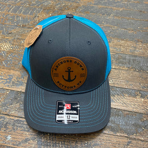 Anchor Down Bottoms Up Leather Patch Trucker Ball Cap Grey Neon Blue - TheDepot.LakeviewOhio