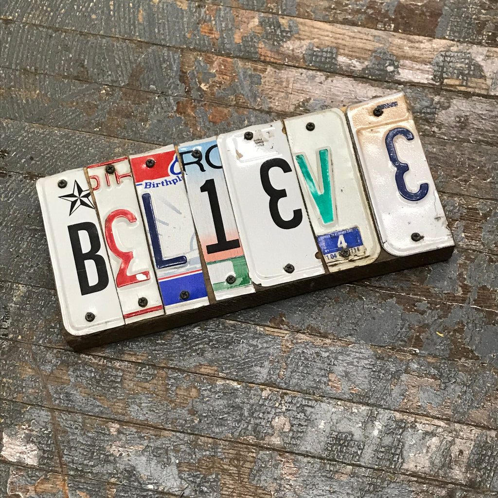 Rustic Repurposed License Plate Block Word Wall Art Believe Thedepot Lakeviewohio