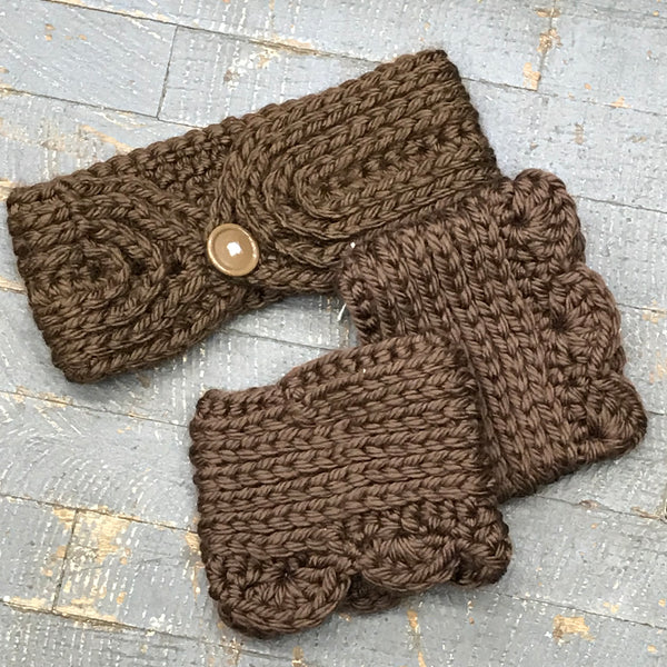 Crocheted Headband Winter Earmuff Boot Cuff Leg Warmers Set Brown ...