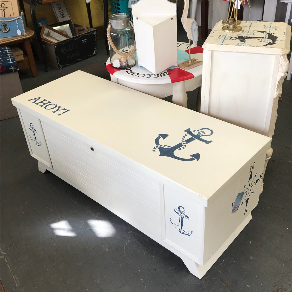 Nautical Anchor Painted Cedar Chest Coffee Table Storage Bench