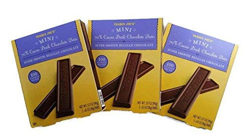 Trader Joe's Mini 70% Cacao Dark Chocolate Bars. Super Smooth Belgian Chocolate. 100 Calories Per Bar. Bundle of 3 Boxes. Each Box Is (0.63 Ounce (Pack of 15)-SET OF 3)