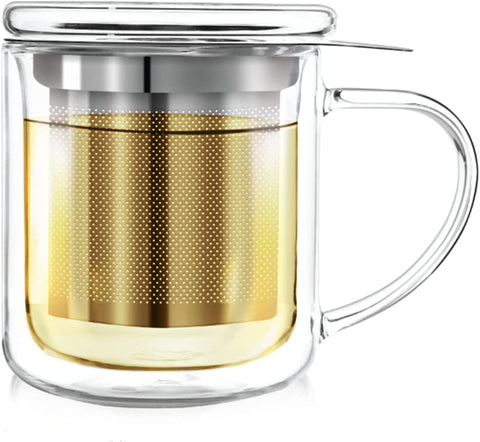 Teabloom Single-Serve Tea Maker - Double Wall Glass Cup with Infuser Basket and Lid for Steeping, Solista Brewing Mug (8 OZ)