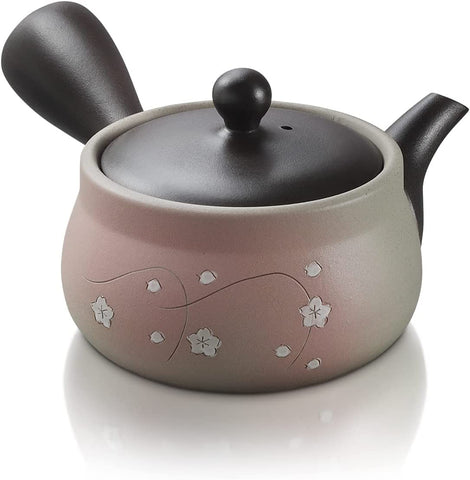 Japanese Green Tea Co Japanese Teapot – Red Clay Japanese Tea Pots Made in Tokoname – Traditional Clay Teapot with Floral Design – Fine Mesh System for Fukamushi Tea Deep Steaming – 9oz