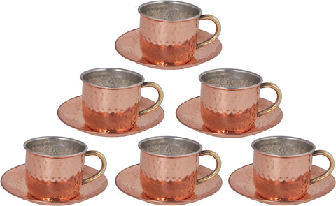 Shiv Shakti Arts® Pure Copper Tea Cup and Saucer Set Hammered Design 6 Piece set