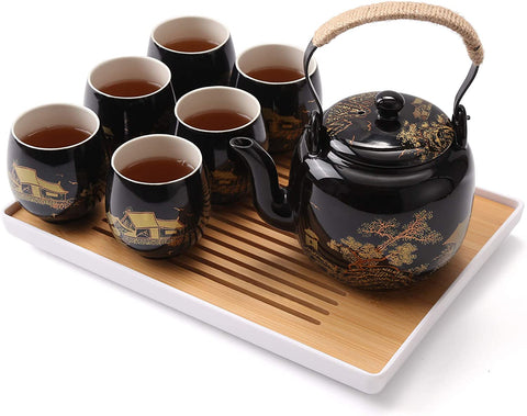 Dujust Japanese Tea Set, Black Porcelain Tea Set with 1 Teapot Set, 6 Tea Cups, 1 Tea Tray, 1 Stainless Infuser, Beautiful Asian Tea Set for Adults, Tea Lover/Women/Men (Countryside in Golden)