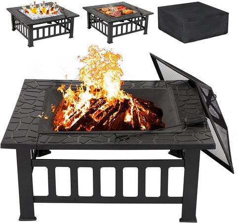 LEMY 32 inch Outdoor Fire Pit Square Metal Firepit Backyard Patio Garden Stove Wood Burning Fire Pit W/Rain Cover, Faux-Stone Finish