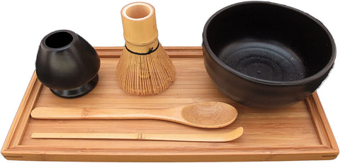 BambooMN Brand - Matcha Bowl Set (Includes Bowl, Rest,Tea Whisk, Chasaku, Tea Spoon & Tray)