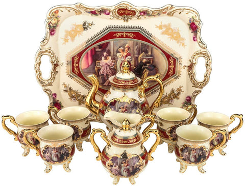 Royalty Porcelain 10-Piece Antique RED Vintage Dining Tea Cup Set, Service for 6, Handmade and Hand-Painted, 24K Gold Bone China Tableware