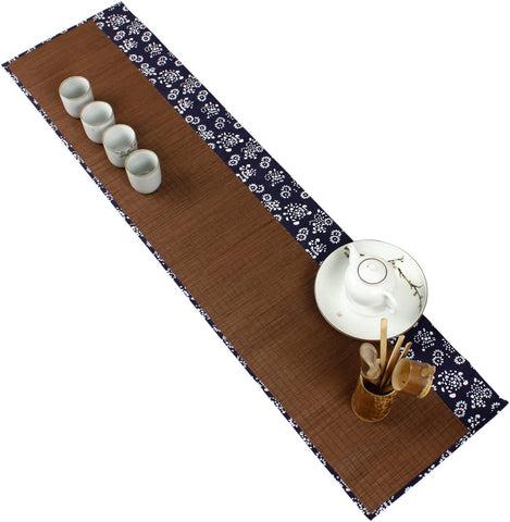 Tea Talent Handmade Natural Bamboo Sticks Tablemat Decor Kungfu Tea Set Slat Mat Placemat Tea Table Runner 12 by 47-inch, Blue and White Linen